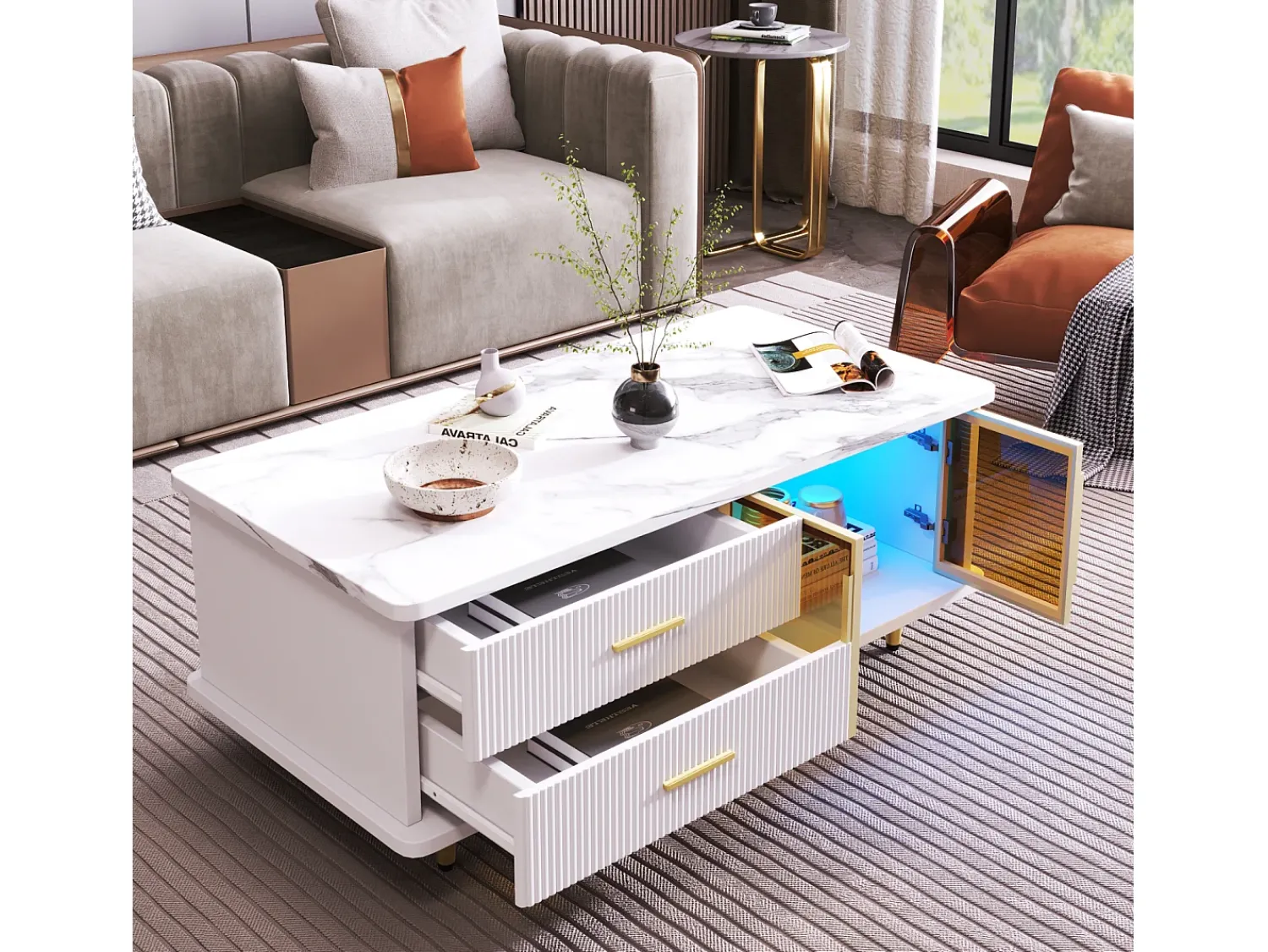 New Mesa de centro moderna com iluminação LED, 2 portas e 2 gavetas, tampo de mármore e detalhes dourados, branca. Branco