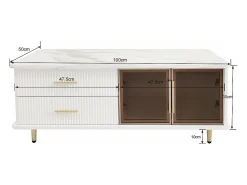 New Mesa de centro moderna com iluminação LED, 2 portas e 2 gavetas, tampo de mármore e detalhes dourados, branca. Branco