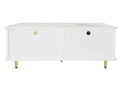 New Mesa de centro moderna com iluminação LED, 2 portas e 2 gavetas, tampo de mármore e detalhes dourados, branca. Branco