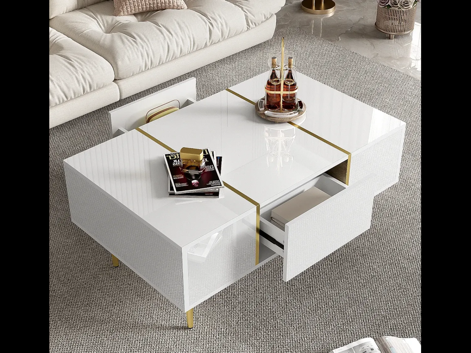 Mesa De Centro|Merax Mesa de centro moderna com 2 gavetas - 100 C x 60 L x 41,5 A cm - Madeira MDF - brilhante Branco