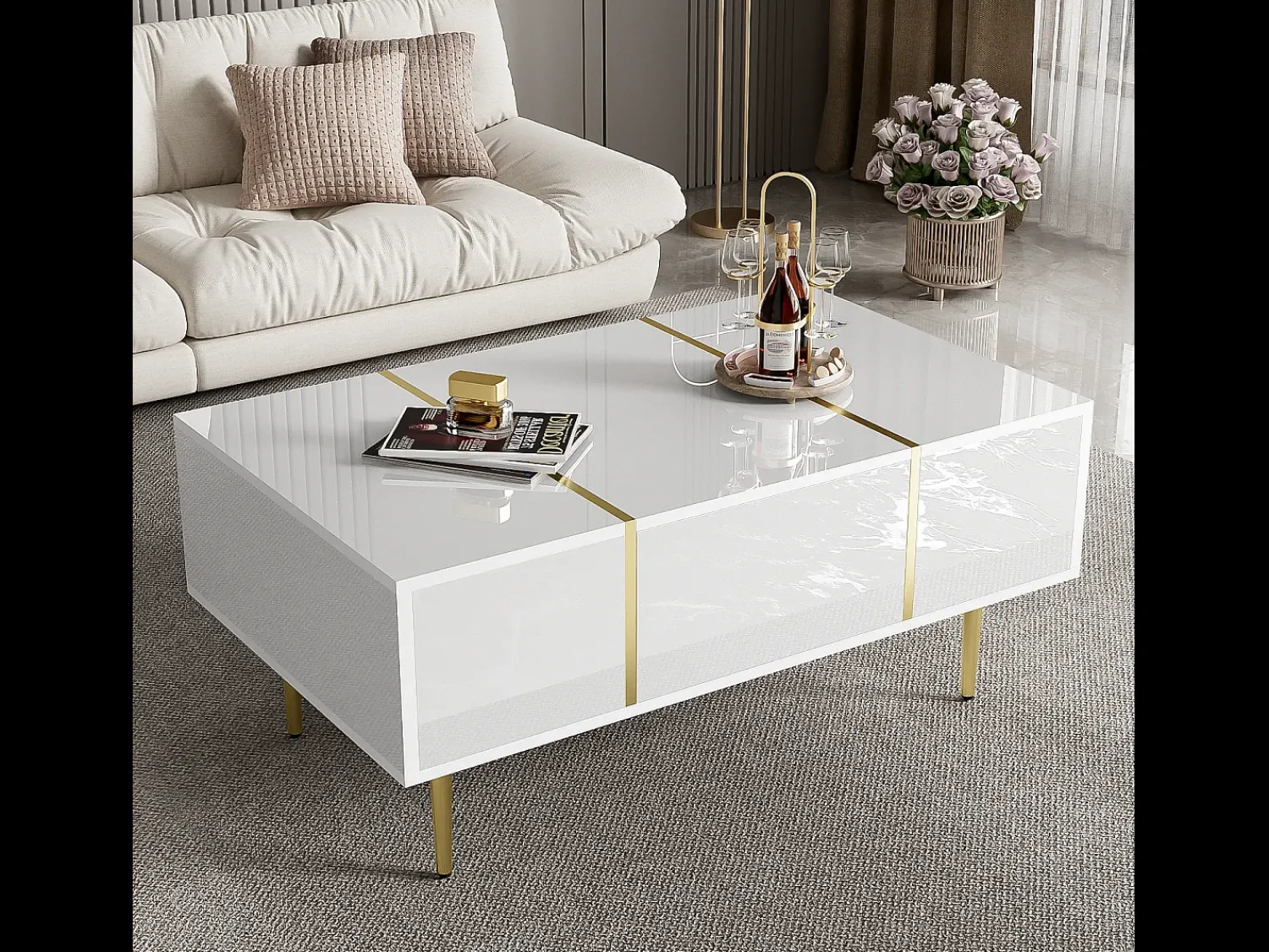 Mesa De Centro|Merax Mesa de centro moderna com 2 gavetas - 100 C x 60 L x 41,5 A cm - Madeira MDF - brilhante Branco