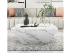 Sale Hauss Spole Mesa de centro moderna com 2 gavetas em folheado de mármore , formato trapezoidal Branco