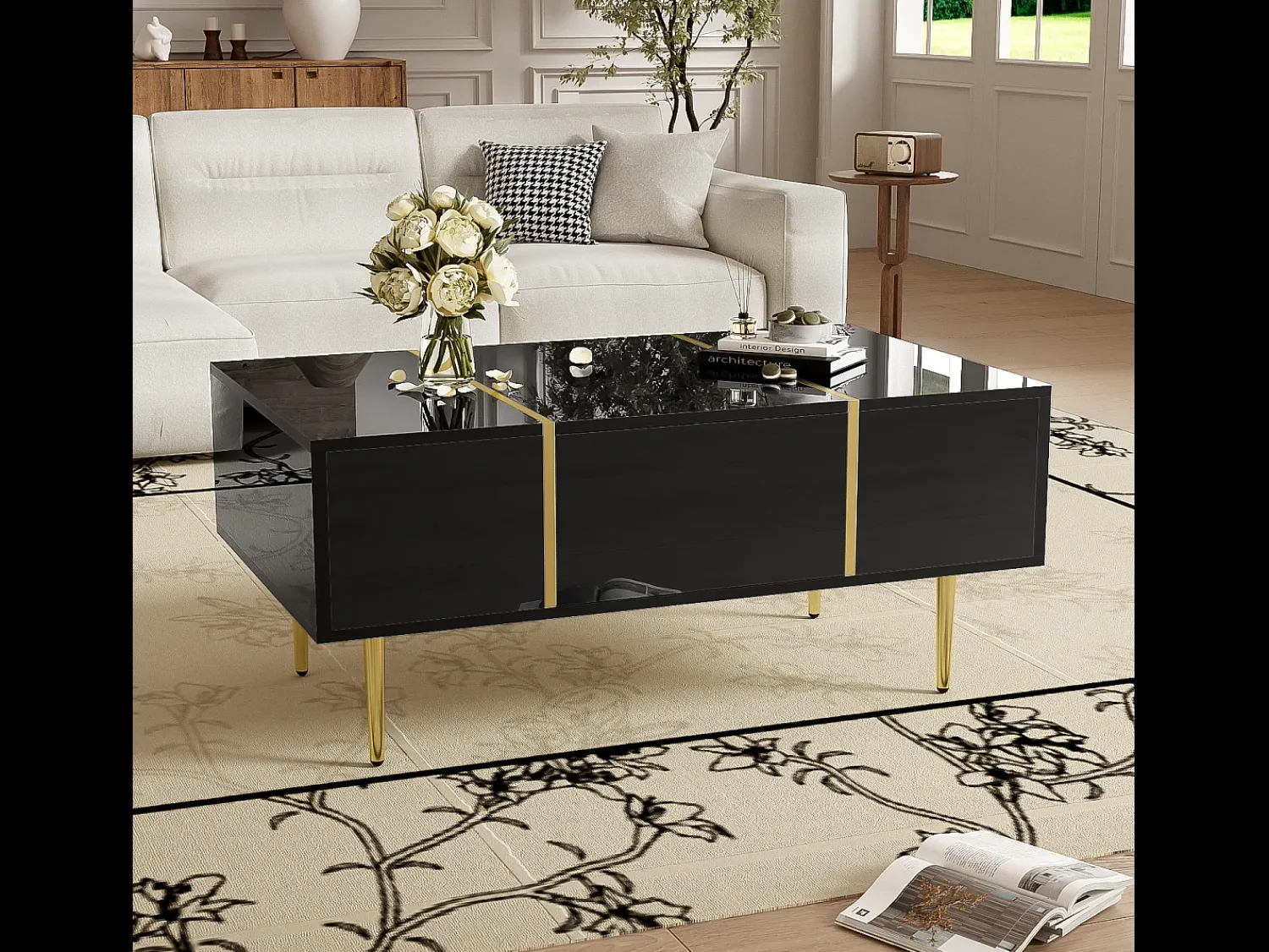 Mesa De Centro|Merax Mesa de centro moderna com 2 gavetas - 100 C x 60 L x 41,5 A cm - Madeira MDF - brilhante Preto