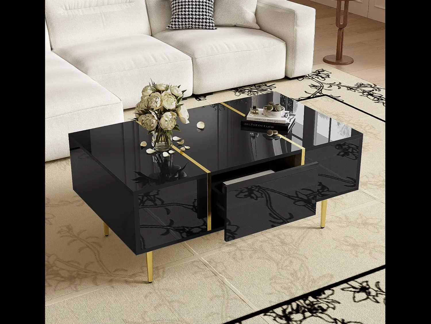 Mesa De Centro|Merax Mesa de centro moderna com 2 gavetas - 100 C x 60 L x 41,5 A cm - Madeira MDF - brilhante Preto