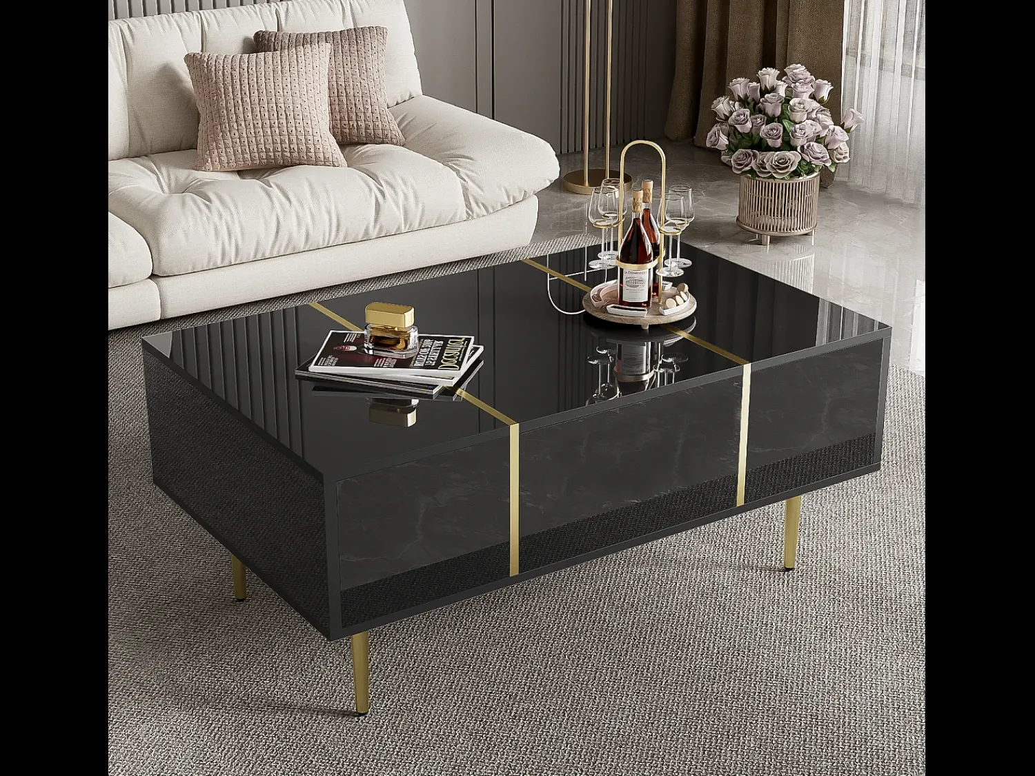 Mesa De Centro|Merax Mesa de centro moderna com 2 gavetas - 100 C x 60 L x 41,5 A cm - Madeira MDF - brilhante Preto