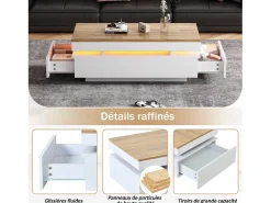 Merax Mesa de centro moderna com acabamento laqueado brilhante - 100 x 50 x 35 cm - com 2 gavetas + LEDs - aglomerado - branco + natural^ Mesa De Centro