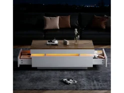 Merax Mesa de centro moderna com acabamento laqueado brilhante - 100 x 50 x 35 cm - com 2 gavetas + LEDs - aglomerado - branco + natural^ Mesa De Centro