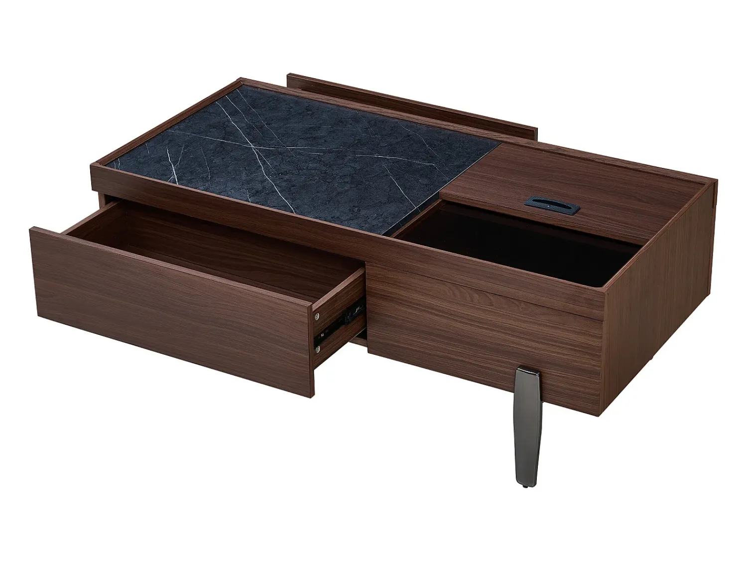 Mesa De Centro| Mesa de centro moderna com gavetas, tampo de vidro, estrutura em madeira com efeito mármore marrom escuro, pés de metal e amplo espaço de armazenamento. Castanho