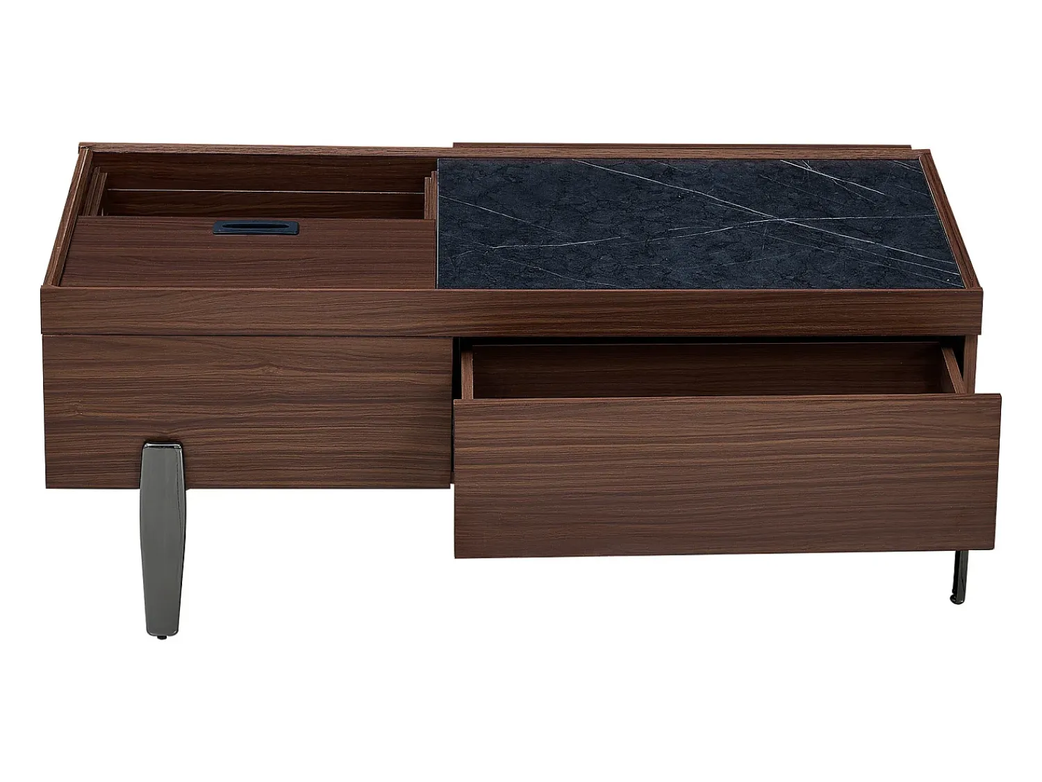 Mesa De Centro| Mesa de centro moderna com gavetas, tampo de vidro, estrutura em madeira com efeito mármore marrom escuro, pés de metal e amplo espaço de armazenamento. Castanho