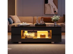 Hauss Spole Mesa de centro moderna com LED, tampo de estrutura oca com vidro, superfície lacada a^ Mesa De Centro