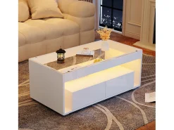 Merax Mesa de centro moderna com LEDs + 2 gavetas - 100 x 50 x 40 cm - mesa de sala de estar em vidro brilhante - aglomerado -^ Mesa De Centro