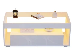 Merax Mesa de centro moderna com LEDs + 2 gavetas - 100 x 50 x 40 cm - mesa de sala de estar em vidro brilhante - aglomerado -^ Mesa De Centro