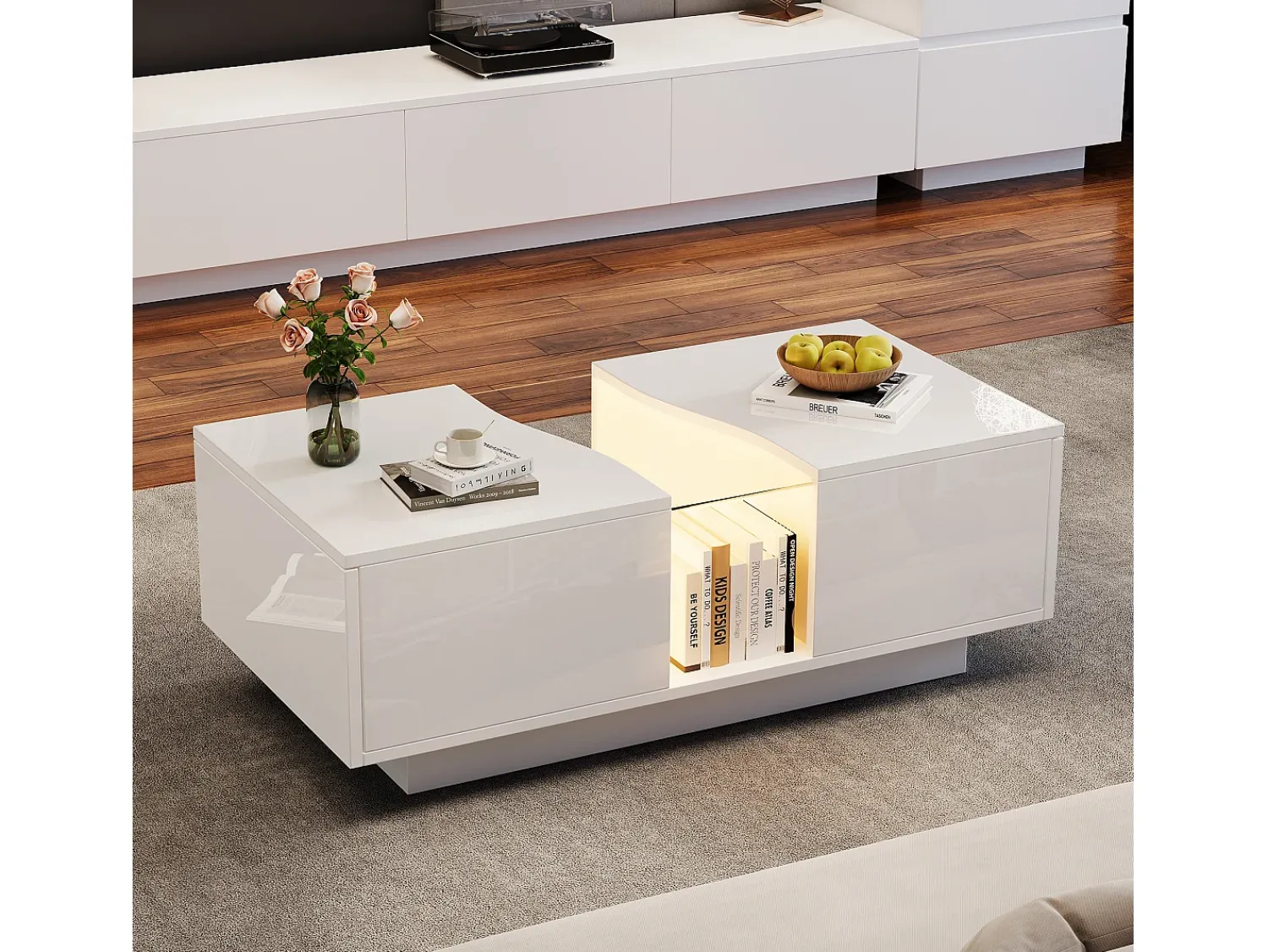 Mesa De Centro*ModernLuxe Mesa de centro moderna com LED e 2 gavetas - 100x50x35 cm - MDF - Branco