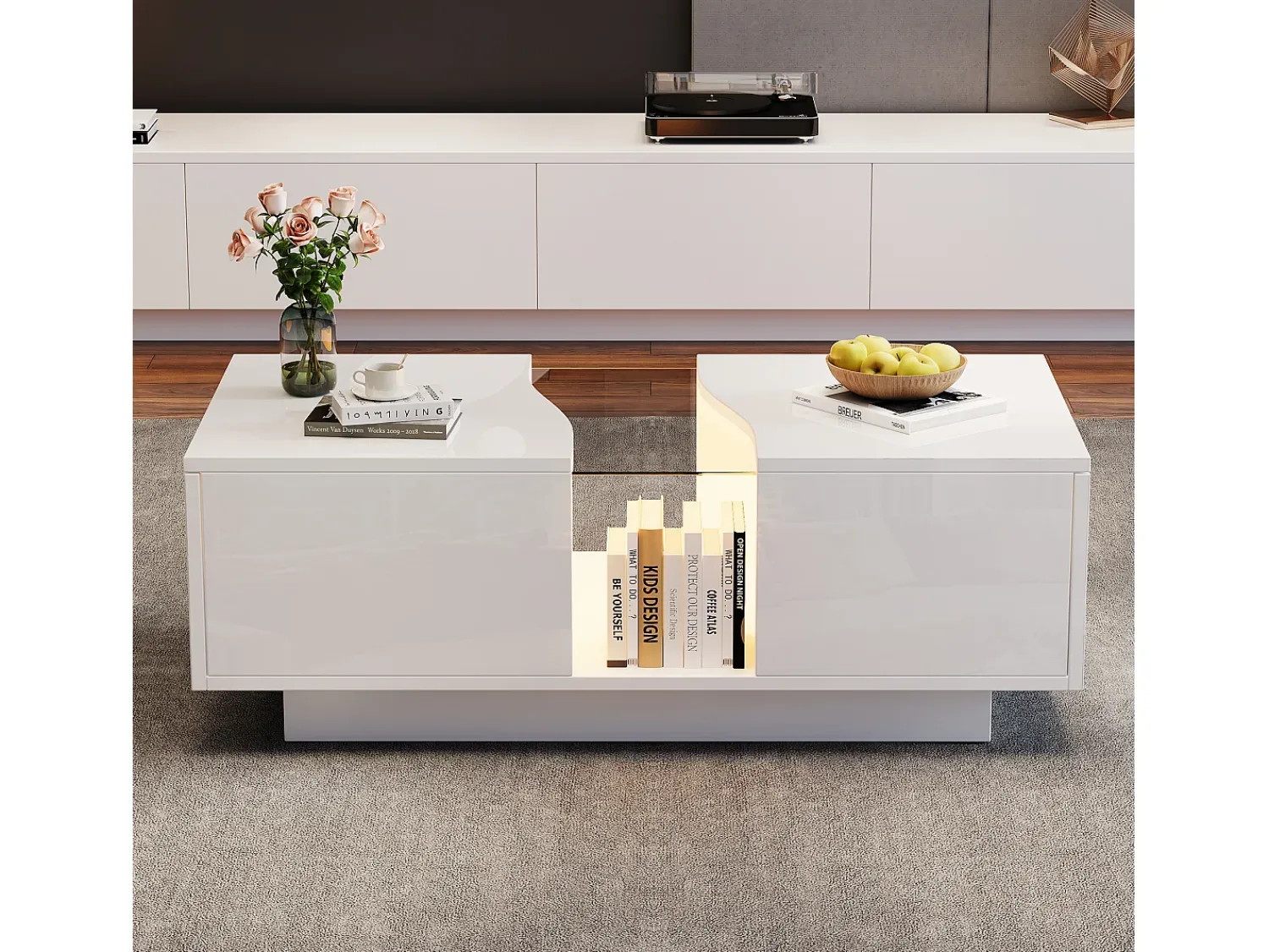 Mesa De Centro*ModernLuxe Mesa de centro moderna com LED e 2 gavetas - 100x50x35 cm - MDF - Branco
