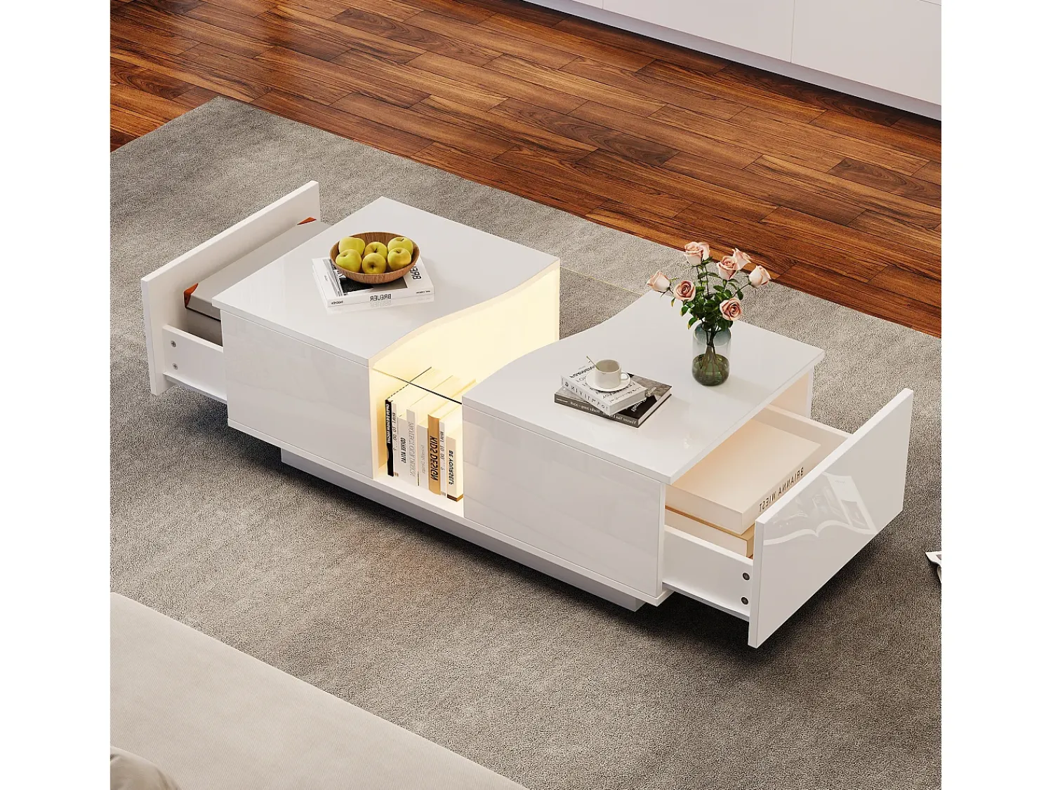 Mesa De Centro*ModernLuxe Mesa de centro moderna com LED e 2 gavetas - 100x50x35 cm - MDF - Branco