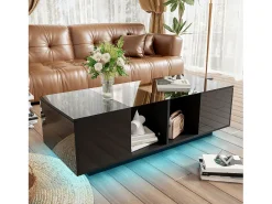 Merax Mesa de centro moderna com 2 portas e 2 compartimentos - 120 x 50 x 38,5 cm - LEDs - Vidro, MDF, aglomerado - brilhante^ Mesa De Centro