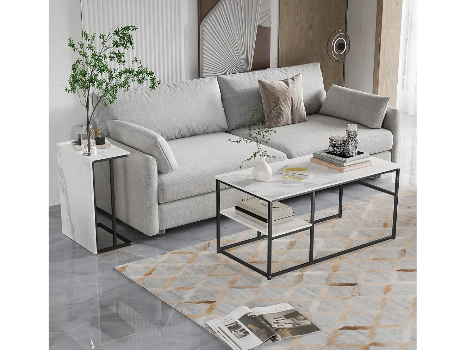 Online Mesa de centro moderna com armazenamento de camada dupla - Design de canto arredondado anticolisão, tampo grande de 105 cm com prateleiras de armazenamento abertas Preto