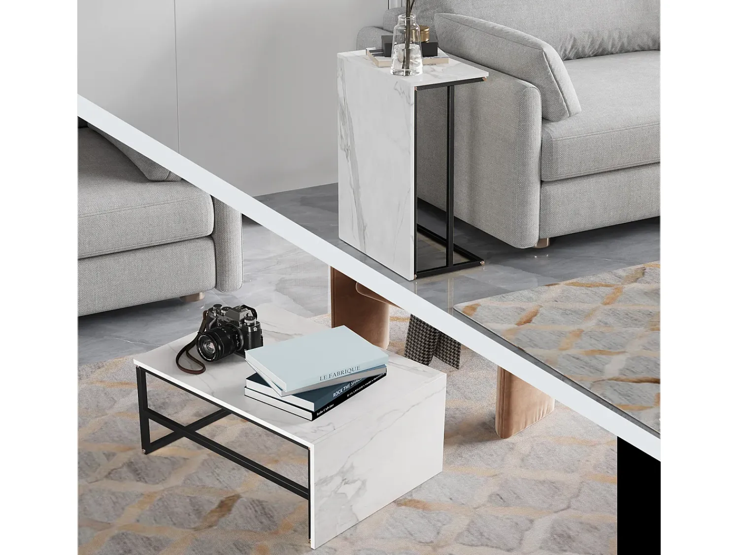 Online Mesa de centro moderna com armazenamento de camada dupla - Design de canto arredondado anticolisão, tampo grande de 105 cm com prateleiras de armazenamento abertas Preto
