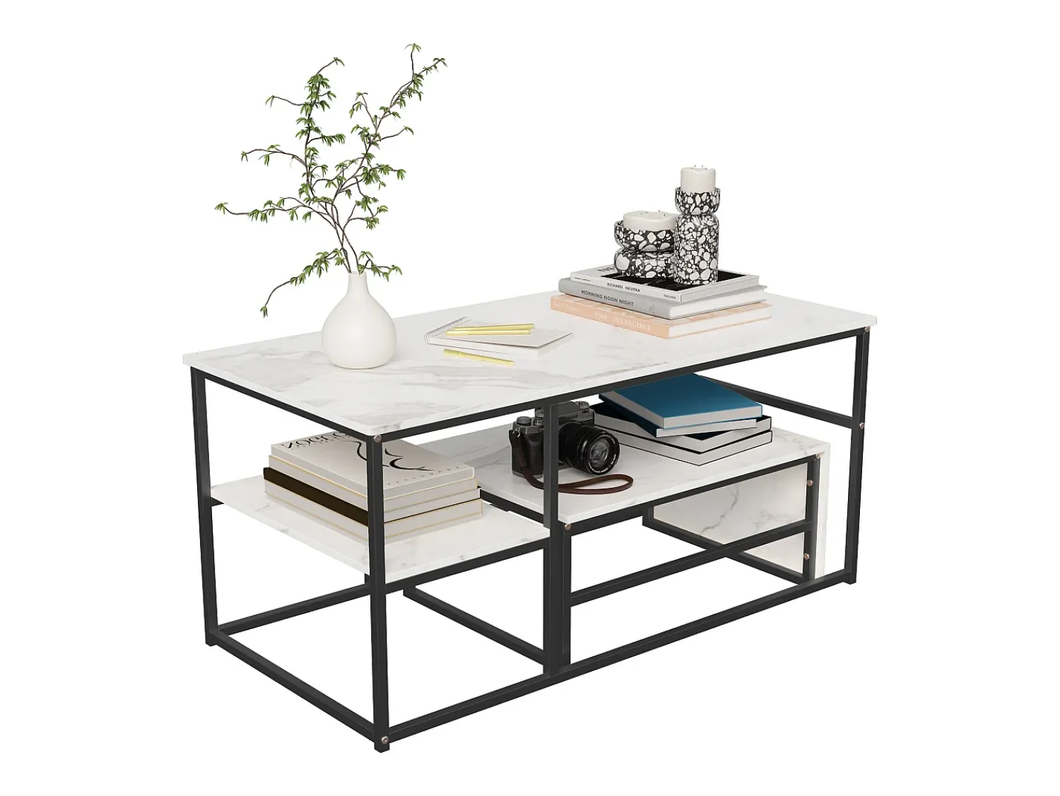 Online Mesa de centro moderna com armazenamento de camada dupla - Design de canto arredondado anticolisão, tampo grande de 105 cm com prateleiras de armazenamento abertas Preto