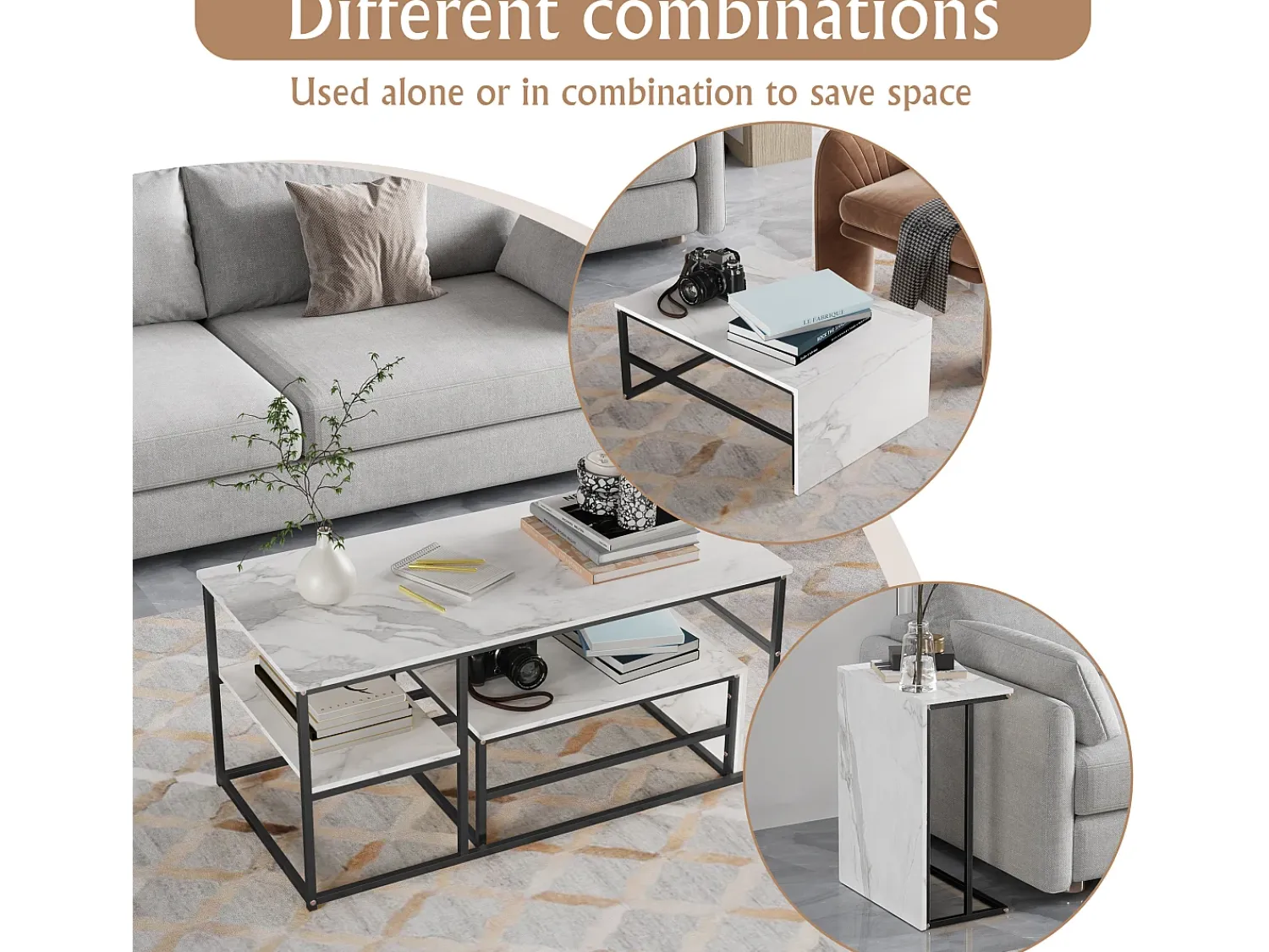 Online Mesa de centro moderna com armazenamento de camada dupla - Design de canto arredondado anticolisão, tampo grande de 105 cm com prateleiras de armazenamento abertas Preto