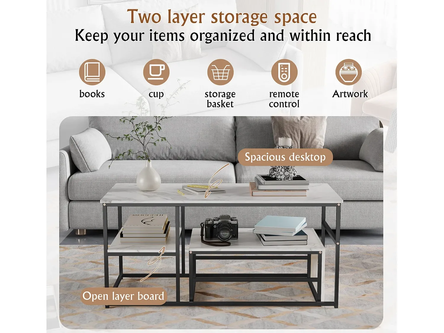 Online Mesa de centro moderna com armazenamento de camada dupla - Design de canto arredondado anticolisão, tampo grande de 105 cm com prateleiras de armazenamento abertas Preto