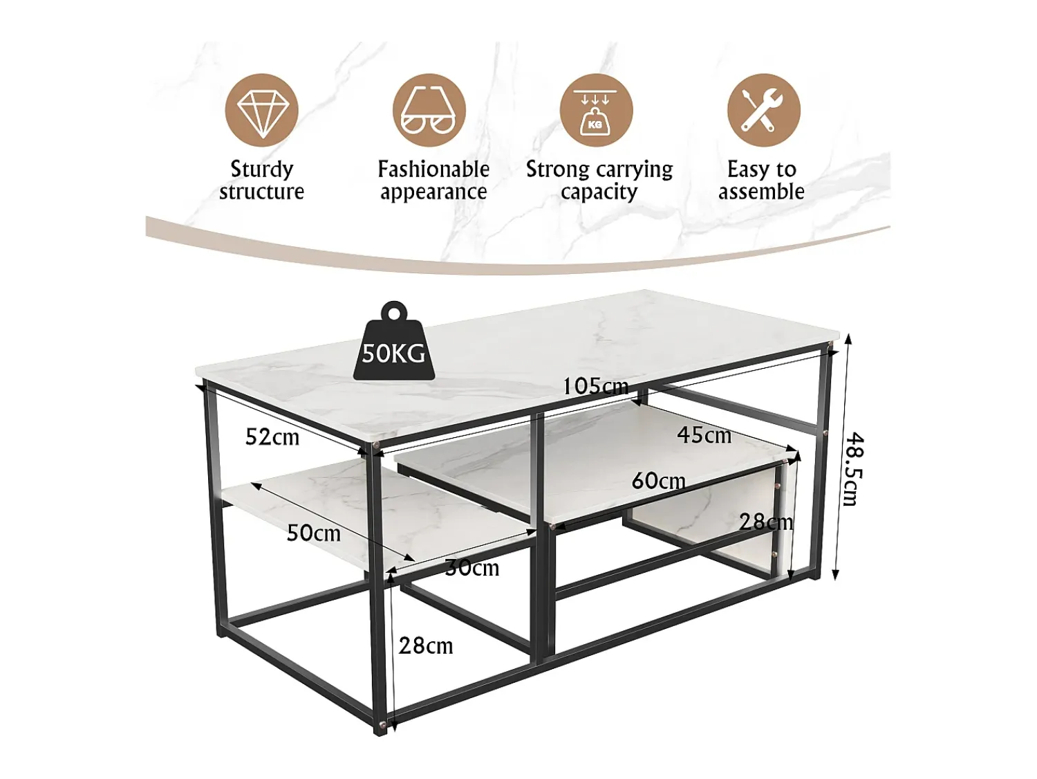 Online Mesa de centro moderna com armazenamento de camada dupla - Design de canto arredondado anticolisão, tampo grande de 105 cm com prateleiras de armazenamento abertas Preto