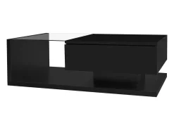 Mesa de centro moderna com LED, estrutura em vidro e madeira, com gaveta grande, para sala de estar, 105 x 55 x 32,5 cm^ Mesa De Centro