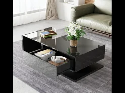 Mesa de centro moderna com LED, estrutura em vidro e madeira, com gaveta grande, para sala de estar, 105 x 55 x 32,5 cm^ Mesa De Centro