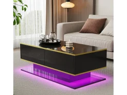 New Merax Mesa de centro moderna com acabamento brilhante - 100 x 50 x 40 cm - com 3 gavetas + LEDs + USB - aglomerado - preta Preto