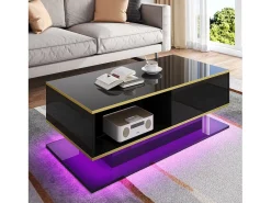 New Merax Mesa de centro moderna com acabamento brilhante - 100 x 50 x 40 cm - com 3 gavetas + LEDs + USB - aglomerado - preta Preto