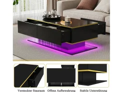 New Merax Mesa de centro moderna com acabamento brilhante - 100 x 50 x 40 cm - com 3 gavetas + LEDs + USB - aglomerado - preta Preto