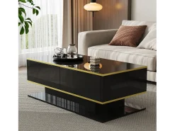 New Merax Mesa de centro moderna com acabamento brilhante - 100 x 50 x 40 cm - com 3 gavetas + LEDs + USB - aglomerado - preta Preto