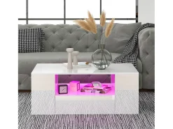 Mesa De Centro|Hauss Spole Mesa de centro moderna com 2 gavetas e prateleiras, LED, lacada a Branco