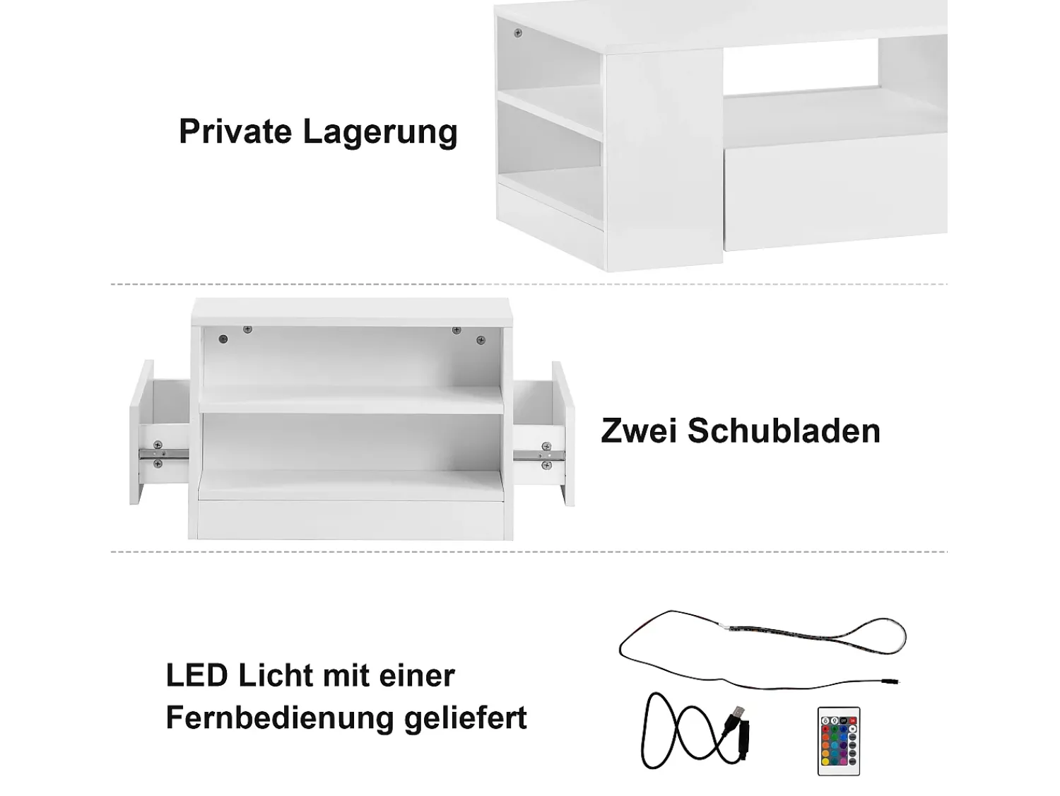 Mesa De Centro|Hauss Spole Mesa de centro moderna com 2 gavetas e prateleiras, LED, lacada a Branco