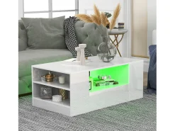 Mesa De Centro|Hauss Spole Mesa de centro moderna com 2 gavetas e prateleiras, LED, lacada a Branco