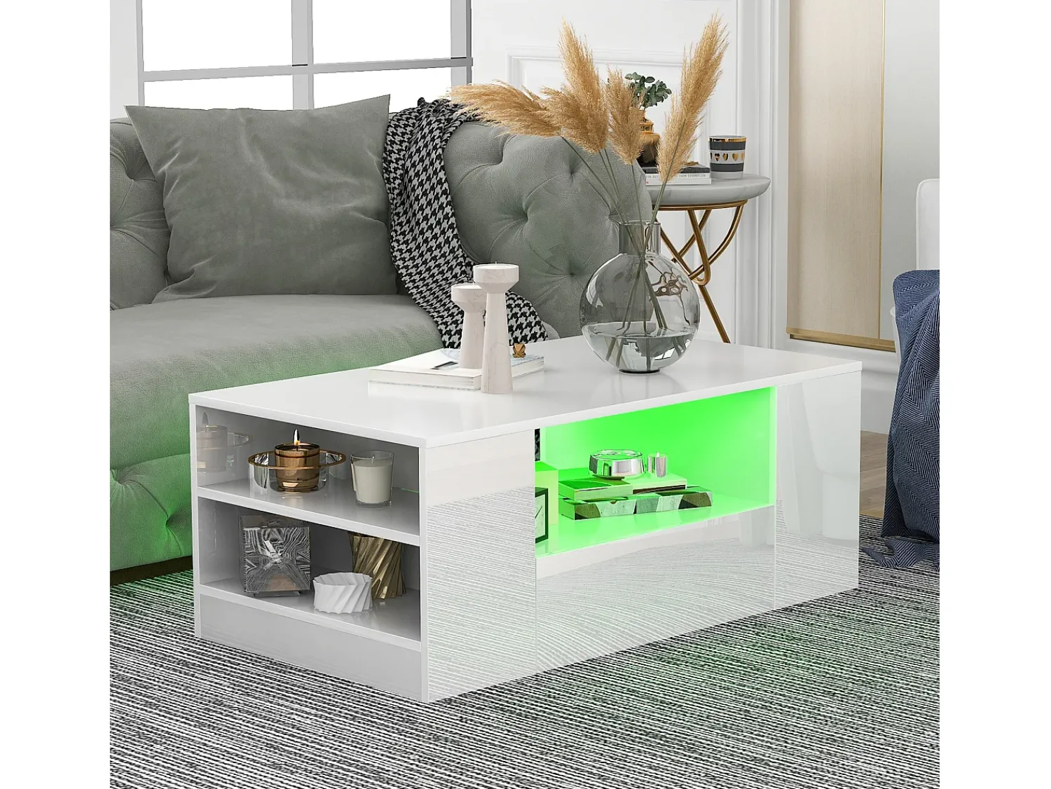 Mesa De Centro|Hauss Spole Mesa de centro moderna com 2 gavetas e prateleiras, LED, lacada a Branco
