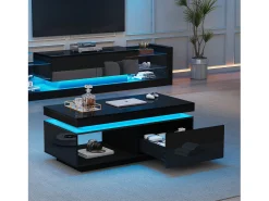 Mesa De Centro|Merax Mesa de centro moderna com 1 porta e 1 compartimento aberto - 100 x 50 x 40,3 cm - LEDs - Aglomerado - brilhante Preto