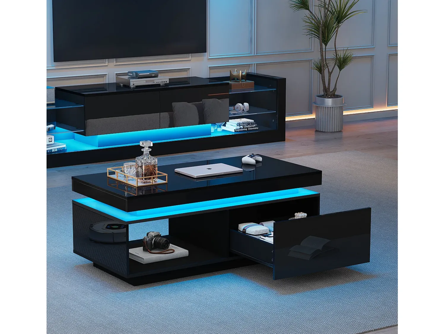 Mesa De Centro|Merax Mesa de centro moderna com 1 porta e 1 compartimento aberto - 100 x 50 x 40,3 cm - LEDs - Aglomerado - brilhante Preto
