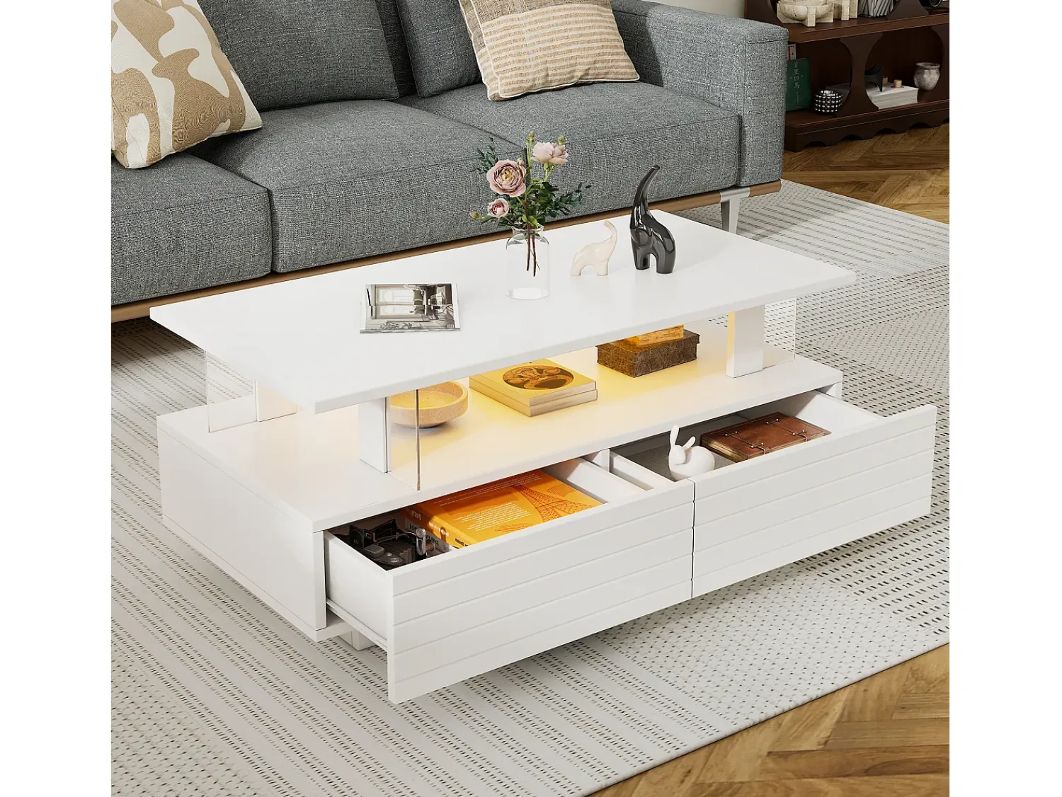 Hauss Spole Mesa de centro moderna com 2 gavetas em acrílico , estrutura de dois níveis^ Mesa De Centro