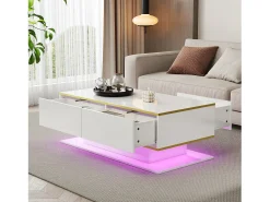 Mesa De Centro|Merax Mesa de centro moderna com acabamento brilhante - 100 x 50 x 40 cm - com 3 gavetas + LEDs + USB - aglomerado - branca Branco