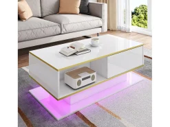 Mesa De Centro|Merax Mesa de centro moderna com acabamento brilhante - 100 x 50 x 40 cm - com 3 gavetas + LEDs + USB - aglomerado - branca Branco