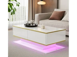 Mesa De Centro|Merax Mesa de centro moderna com acabamento brilhante - 100 x 50 x 40 cm - com 3 gavetas + LEDs + USB - aglomerado - branca Branco