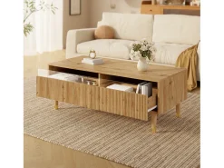 Mesa de centro moderna com LED, tampo ondulado com gaveta, pés de madeira dourada e acabamento em madeira.^ Mesa De Centro