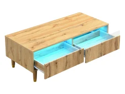 Mesa de centro moderna com LED, tampo ondulado com gaveta, pés de madeira dourada e acabamento em madeira.^ Mesa De Centro