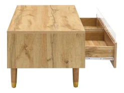Mesa de centro moderna com LED, tampo ondulado com gaveta, pés de madeira dourada e acabamento em madeira.^ Mesa De Centro
