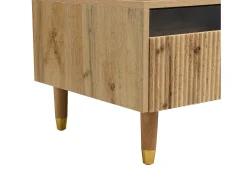 Mesa de centro moderna com LED, tampo ondulado com gaveta, pés de madeira dourada e acabamento em madeira.^ Mesa De Centro