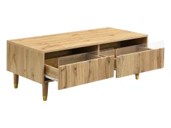 Mesa de centro moderna com LED, tampo ondulado com gaveta, pés de madeira dourada e acabamento em madeira.^ Mesa De Centro