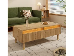 Mesa de centro moderna com LED, tampo ondulado com gaveta, pés de madeira dourada e acabamento em madeira.^ Mesa De Centro