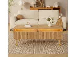 Mesa de centro moderna com LED, tampo ondulado com gaveta, pés de madeira dourada e acabamento em madeira.^ Mesa De Centro