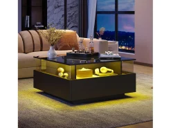 Mesa De Centro|Merax Mesa de centro moderna com 2 gavetas e espaço transparente - 70 x 70 x 41 cm - LEDs - Aglomerado - brilhante Preto